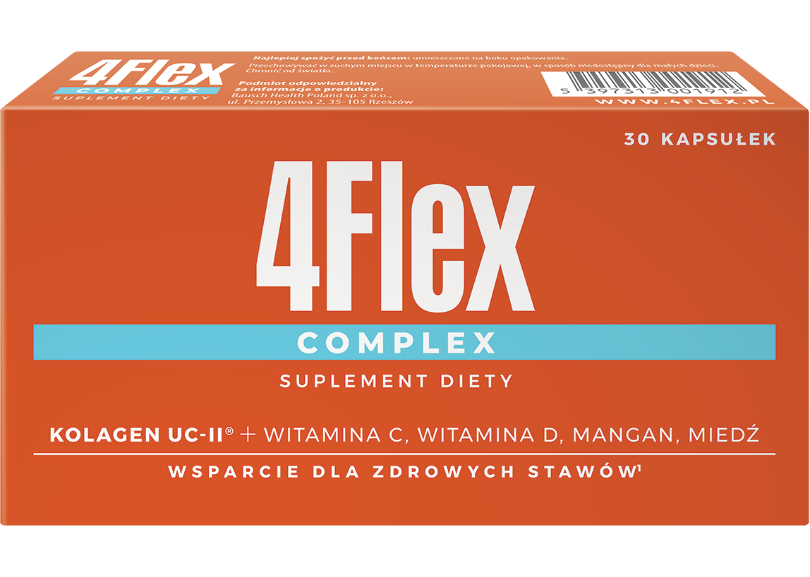 Obraz przedstawia opakowanie suplementu diety 4Flex Complex. Produkt wspiera zdrowie stawów, zawierając kolagen UC-II, witaminy C i D, mangan oraz miedź.