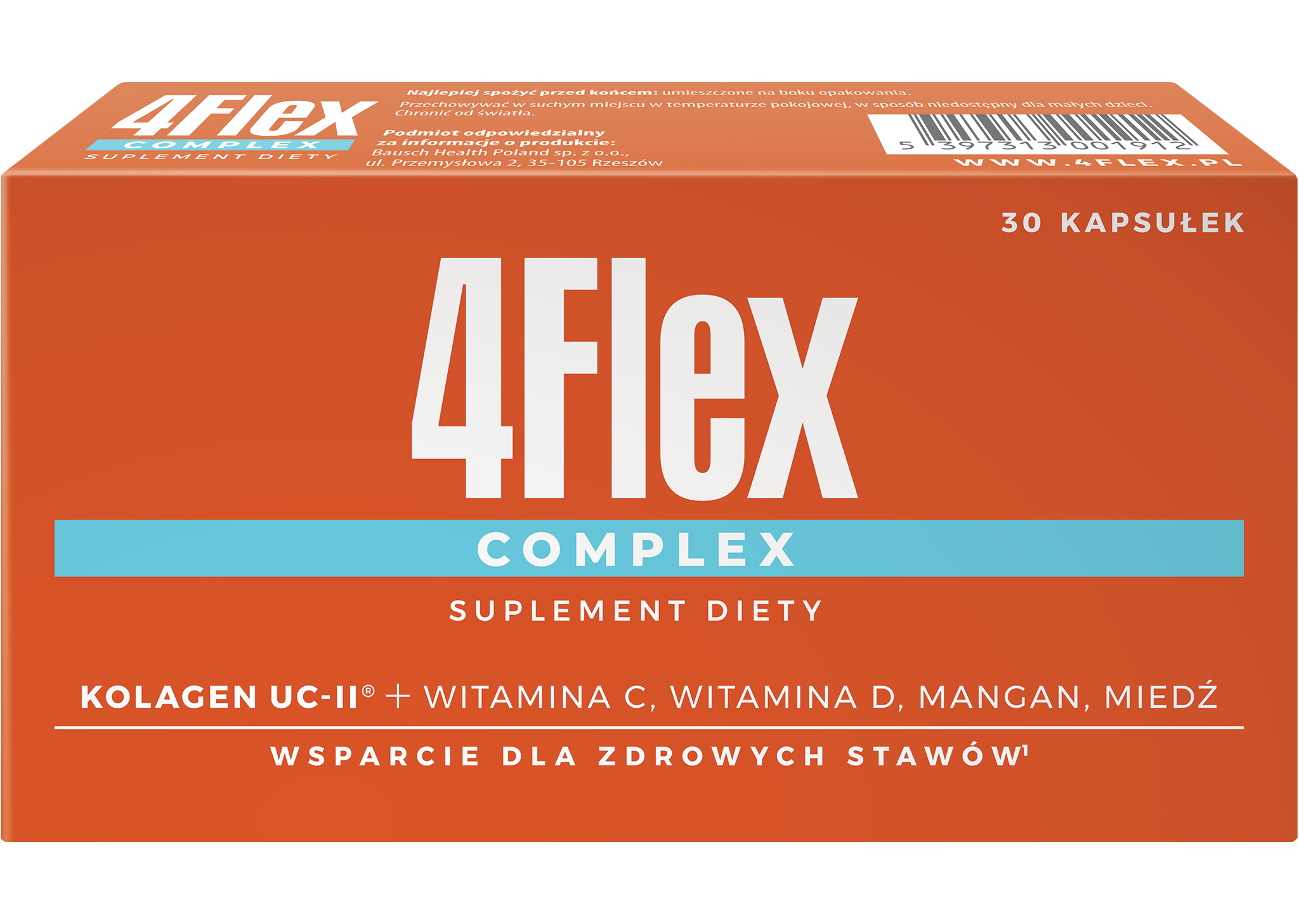 Obraz przedstawia opakowanie suplementu diety 4Flex Complex. Produkt wspiera zdrowie stawów, zawierając kolagen UC-II, witaminy C i D, mangan oraz miedź.