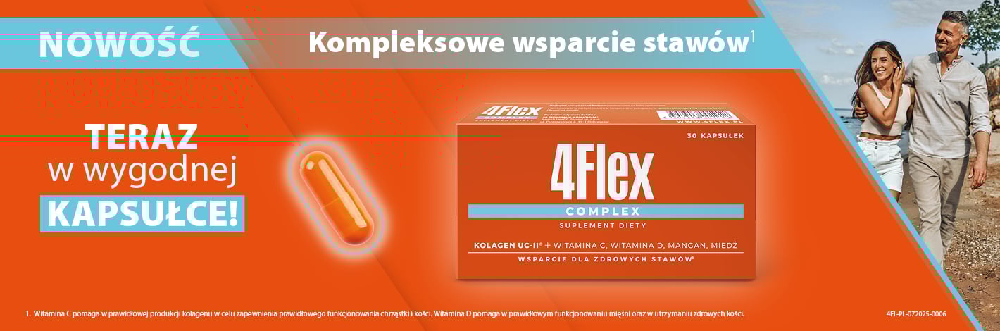 Obraz przedstawia reklamę suplementu diety 4Flex Complex. Produkt ten wspiera zdrowie stawów i jest dostępny w formie kapsułek. Zawiera kolagen UC-II, witaminy C i D, mangan oraz miedź.